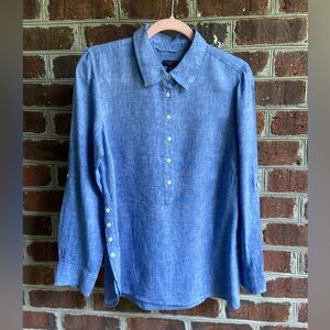 Talbots Blue Linen Top with Button Details, Size Medium Petite